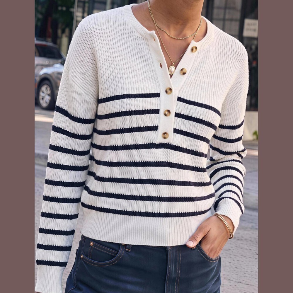 Ivory Navy Striped Ribbed Knit Button Placket Long Sleeve Sweater